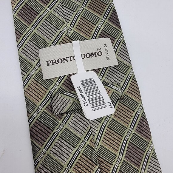 Pronto Uomo 100% Silk Men’s Necktie Browns Greens Tan Geometric Tie Formal NWT - Picture 3 of 5
